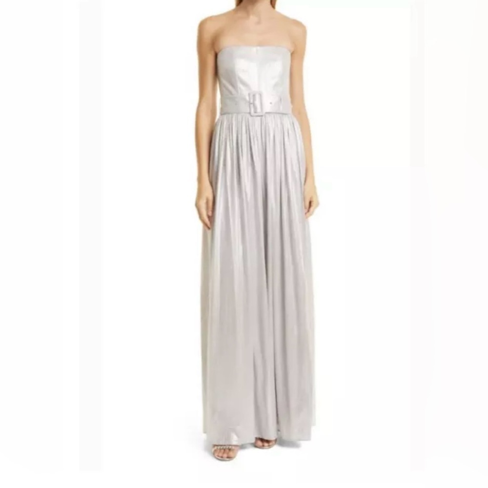 Retrofete Jaden Dress Silver Metallic Long Maxi Dress With Belt Slit Small $595